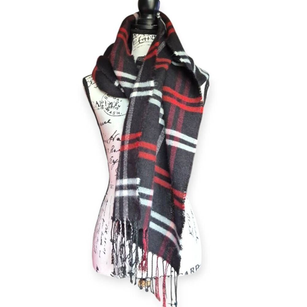 Steve Madden Unisex Red/Black Plaid Fringe Scarf - Picture 3 of 4
